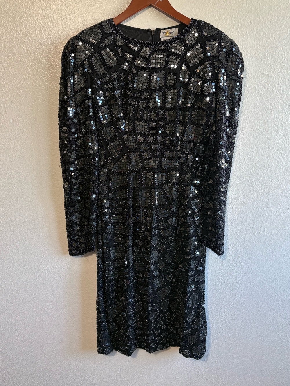 Vintage Oleg Cassini Size 6 Black Silk Beaded Sequin Long Sleeve Mini Dress